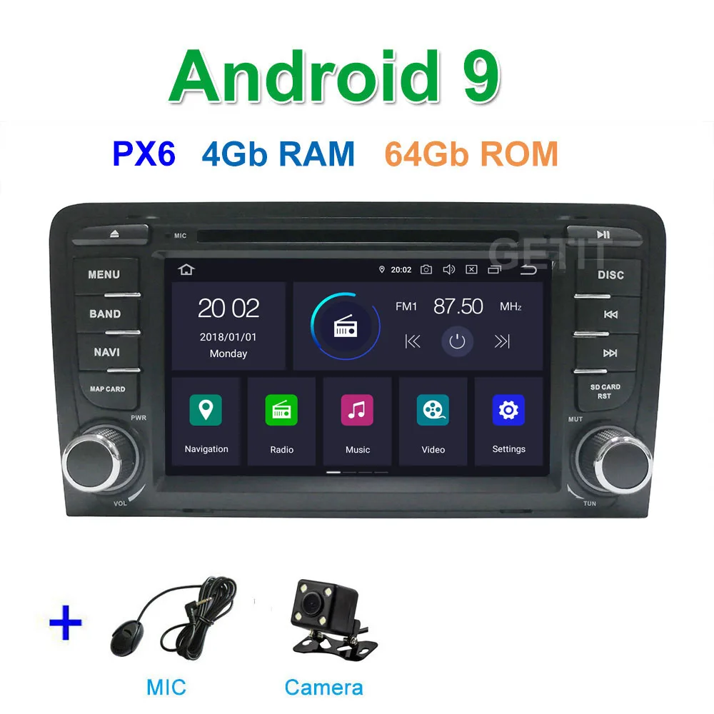 DSP 64G PX6 Android 9,0 автомобильный DVD видео стерео плеер gps навигация для Audi A3 8P 2003-2012 S3 2006-2012 RS3 Sportback 2011 - Цвет: PX6 4G CAMERA