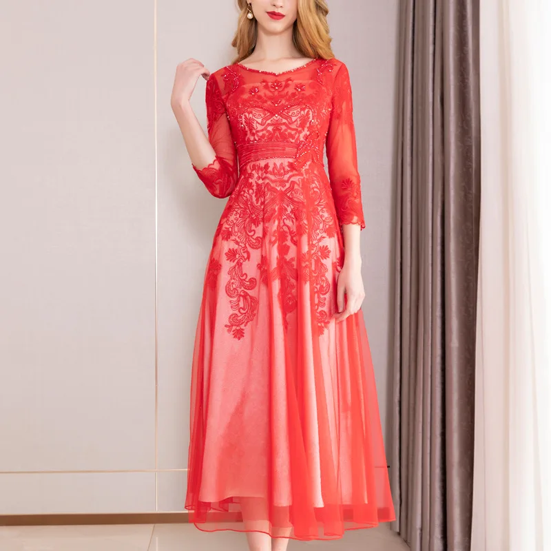 

2020 Women's Wear Middle Sleeve Mesh Embroidery Dress Zi Flowers Slim Fit Long Skirt