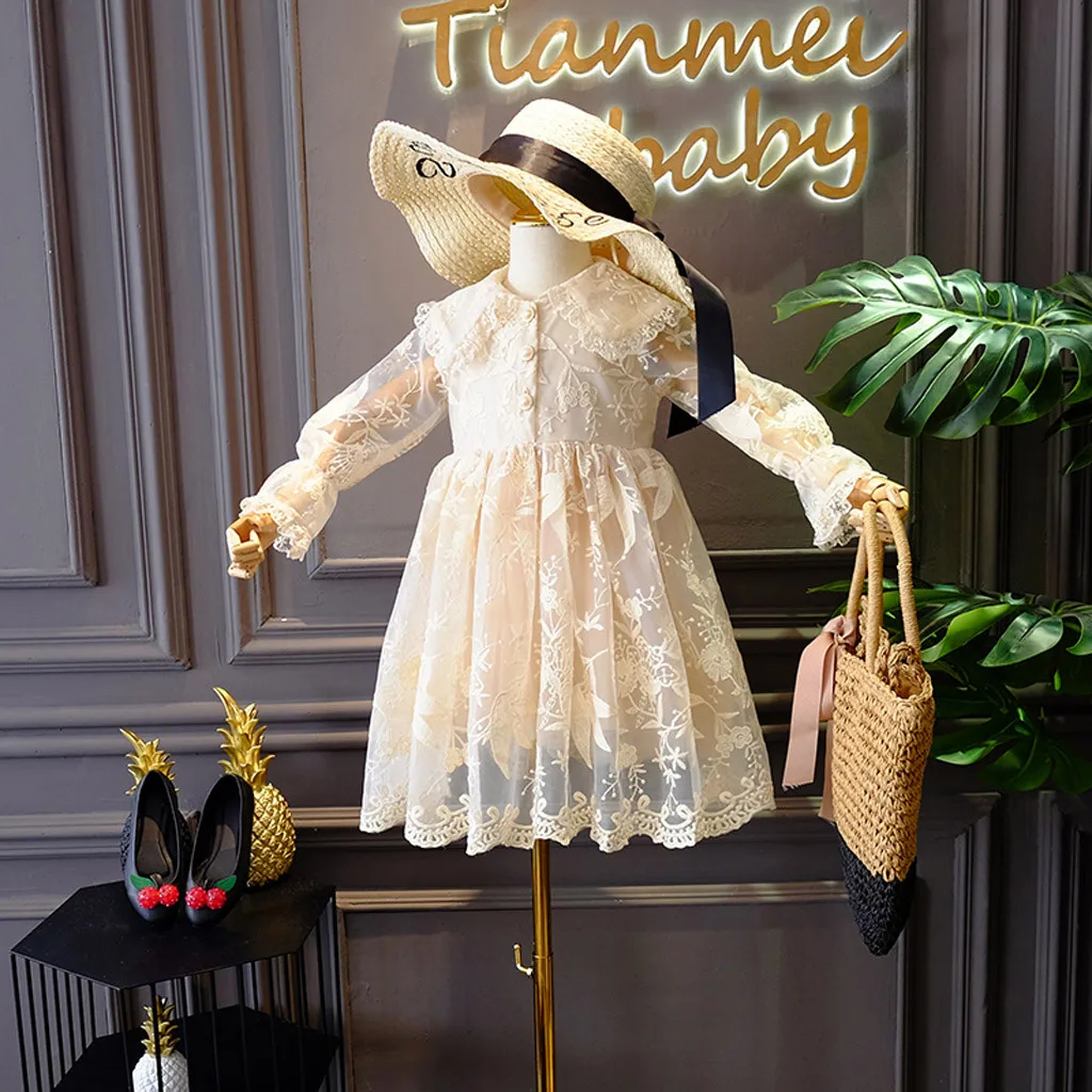 Кружевное платье принцессы с воротником «Питер Пэн» и жемчужинами для маленьких девочек; Детские платья с бантом и короткими рукавами для свадебной вечеринки; осеннее платье для девочек