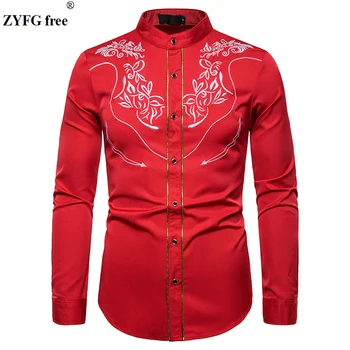 

Spring men casual shirt mens long sleeve pattern embroidery shirts hemming design western style shirt men EU size Tops