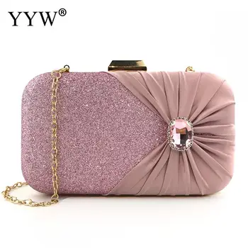 

Pink Synthetic Leather Pleat Rhinestone Evening Party Clutch Bag Ruched Elegant Wedding Party Handbag And Purse Cocktail Clutch