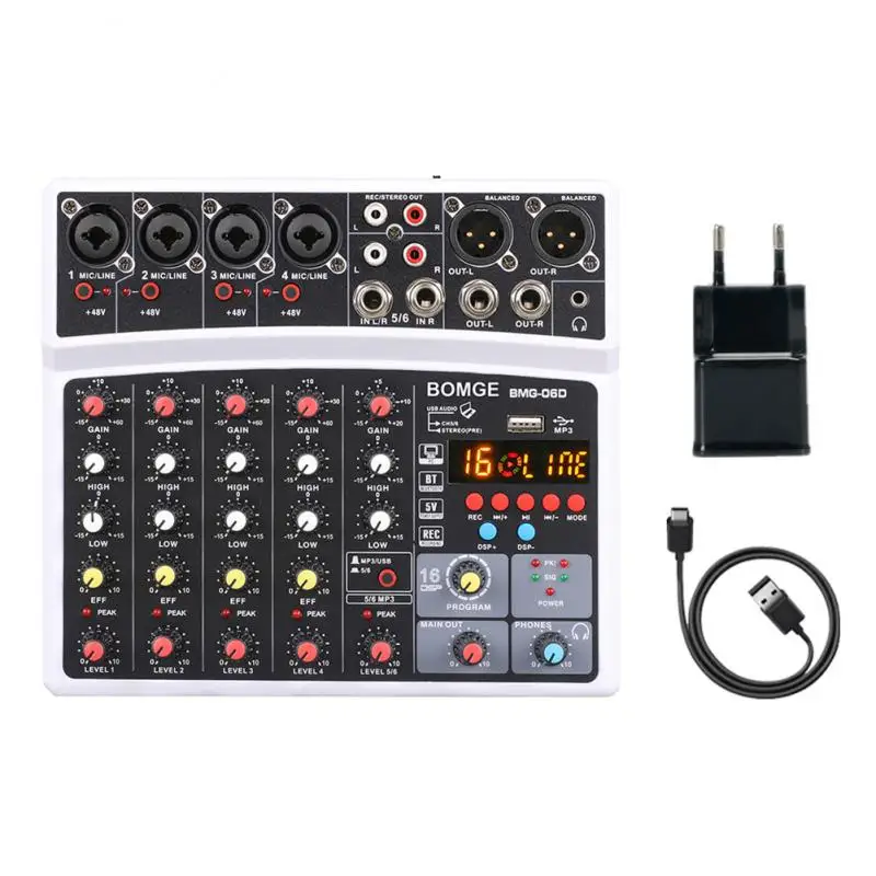 6 Channels Audio Sound Mixer With Card Mixing DJ Console USB 48V Phantom Power 16 DSP Effects Bluetooth-compatible | Электроника