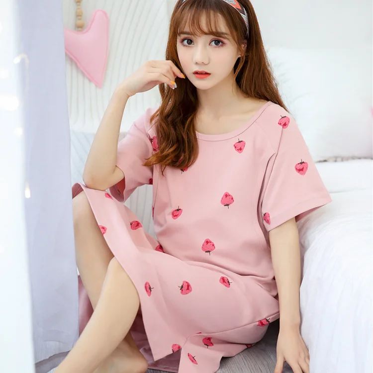 

Summer Japanese Style New Style Maternal Nursing Time of Childbirth Skirt Strawberry Printed Short Sleeve Cotton wei nai qun Pre