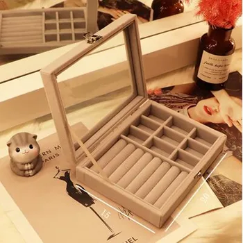 

9+1 Grey 20*15*5cm Stud Earring storage box Dust proof jewelry wood storage box ear clip line jewelry D098