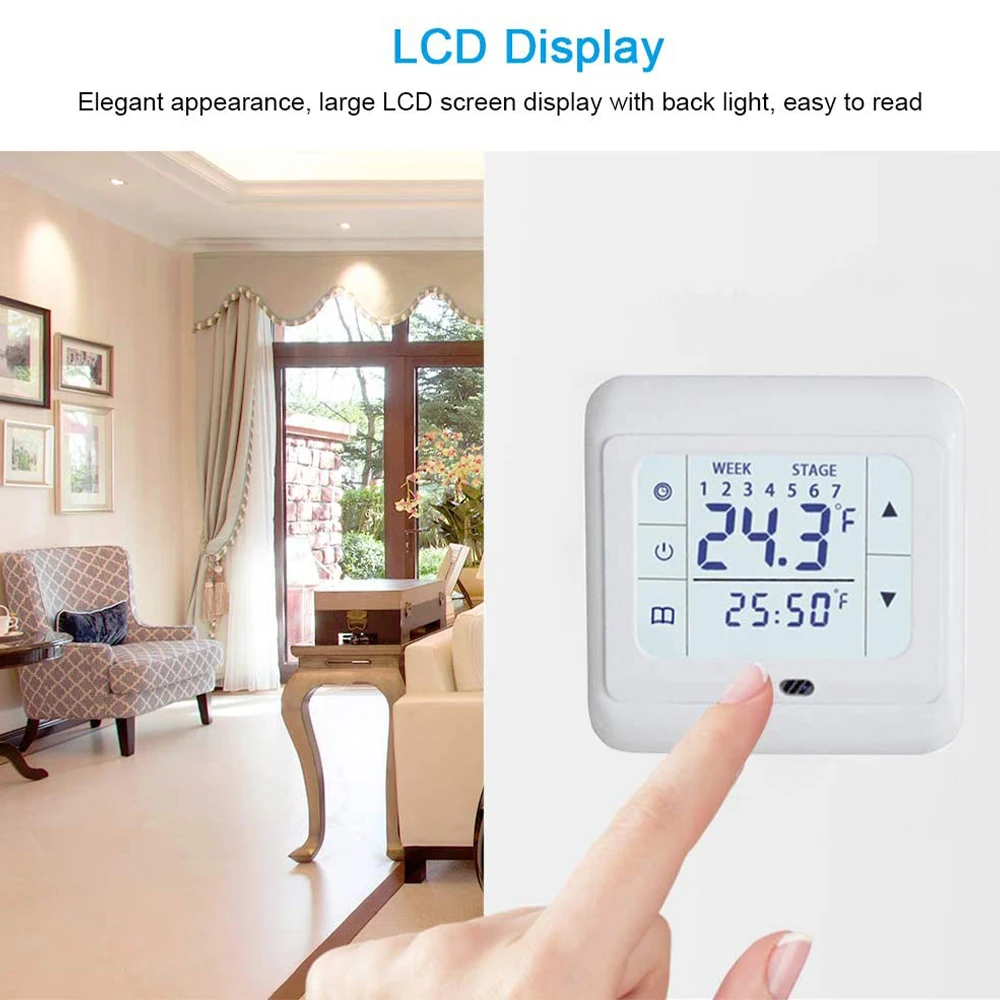 Thermostat Programmable Sans Fil + Récepteur Hf Atenza Contrôleur de température à écran tactile intégré Grand écran LCD à écran  tactile Thermostat numérique blanc AC 220V
