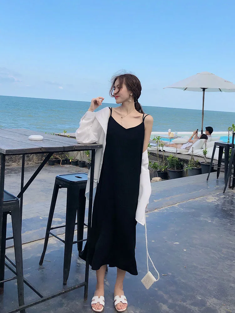 Black Camisole Off-Shoulder Dress Female Summer New Style Loose Split Inner Base Holiday Vest Accentuate Body Figure | Женская одежда