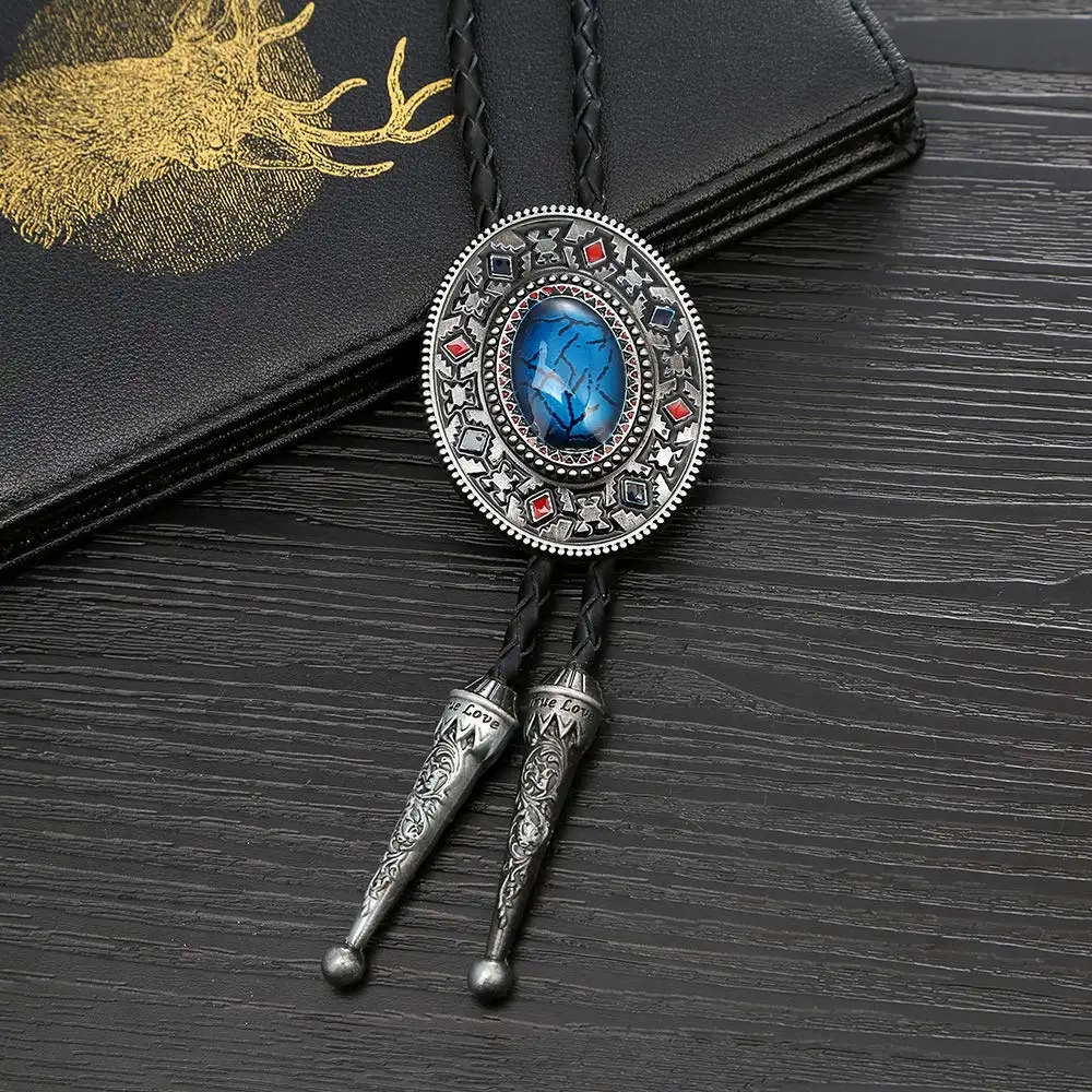 Blue turquoise Bolo tie for woman women Handmade Western Art Indian Alloy Necktie silvr star Pentagram