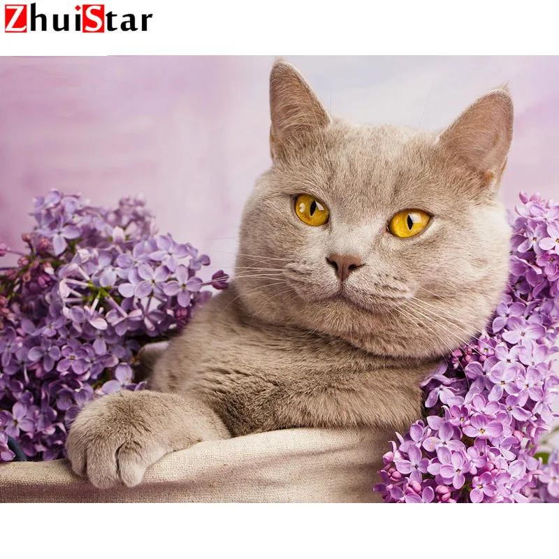 5D DIY Diamond Painting Animal Cat Lavender Embroidered Mosaic Crossover Rhinestone Home Decor ZWQ | Дом и сад
