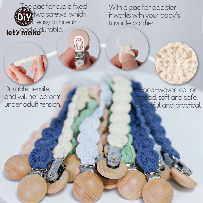 

Let's Make 1pc Baby Shower Feeder Luxury Pacifier Clip Knitted Crochet Dummy Feeding Nipple Holder Cotton Accessories Beech Wood