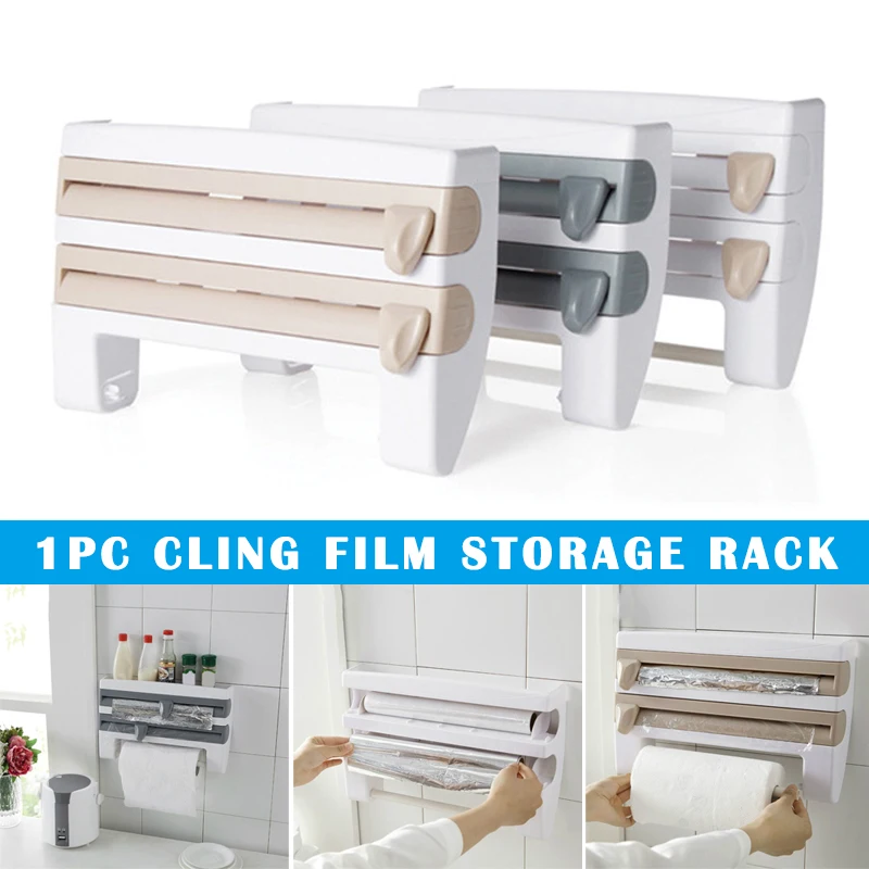 

Wall Mounted Roll Dispenser Kitchen Fresh Keeping Film Storage Rack with Belt Cutter MYDING