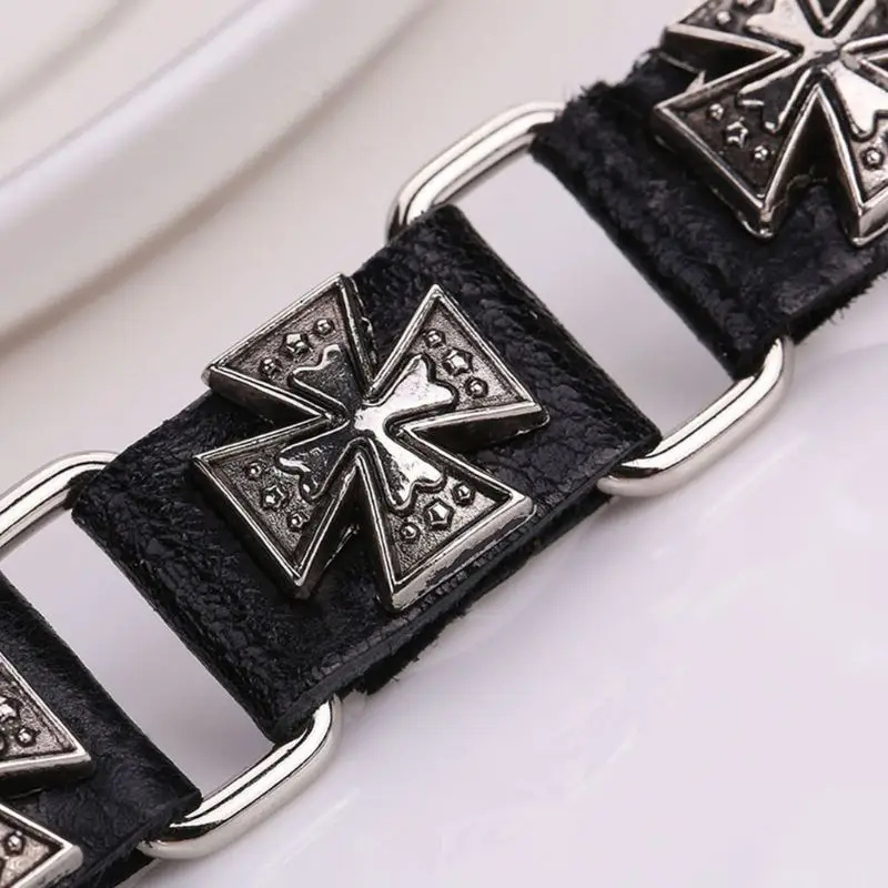 Men's Punk Adjustable Leather Strap Bracelet Metal Cross Cuff Bangle Wristband trend bracelet jewelry