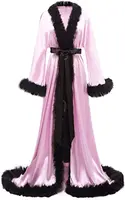 Women's Satin Robe Fur Nightgown Bathrobe Sleepwear Feather Bridal Robe with Belt - Image 4