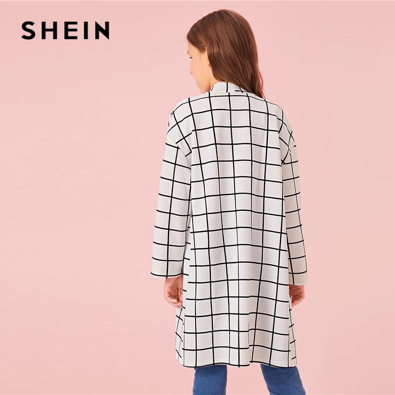 buy SHEIN Kiddie White Plaid Print Girls Open Front Long Coat Kids Clothes 2019 Autumn Long Sleeve Casu