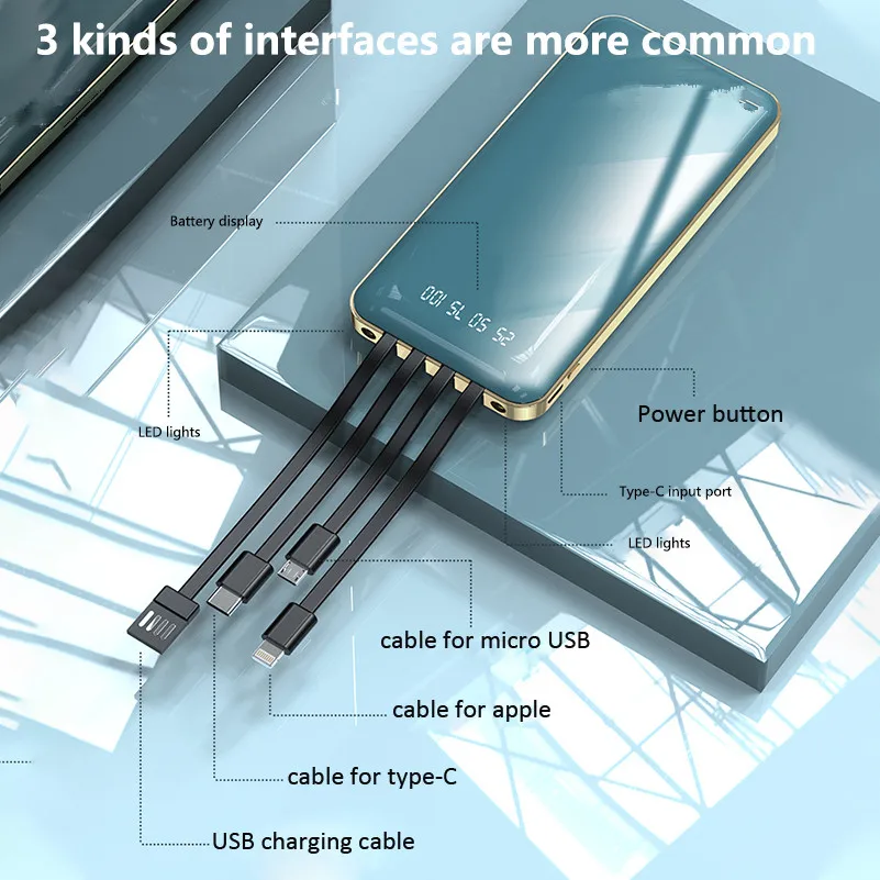 20000mAh Power Bank Built-in 4 Cables Full Mirror Screen Powerbank Fast Charging External Battery For iPhone Xiaomi 9 Poverbank 20000mAh Power Bank Built-in 4 Cables Full Mirror Screen Powerbank Fast Charging External Battery For iPhone Xiaomi 9 Poverbank