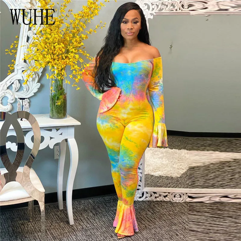 

WUHE Strapless Tie-Dye Print Bandage Flare Jumpsuit Women Sexy Slash Neck Flared Sleeve Backless Romper Special Occasion Outfits