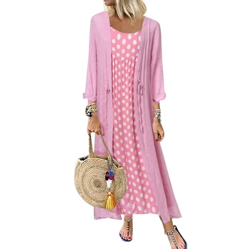 

Plus Size Two-Piece skirt Set Fashion Loose Dot Maxi skirts Outwear Long Cardigan skirt Sets Autumn Ladies Casual skirts Sets