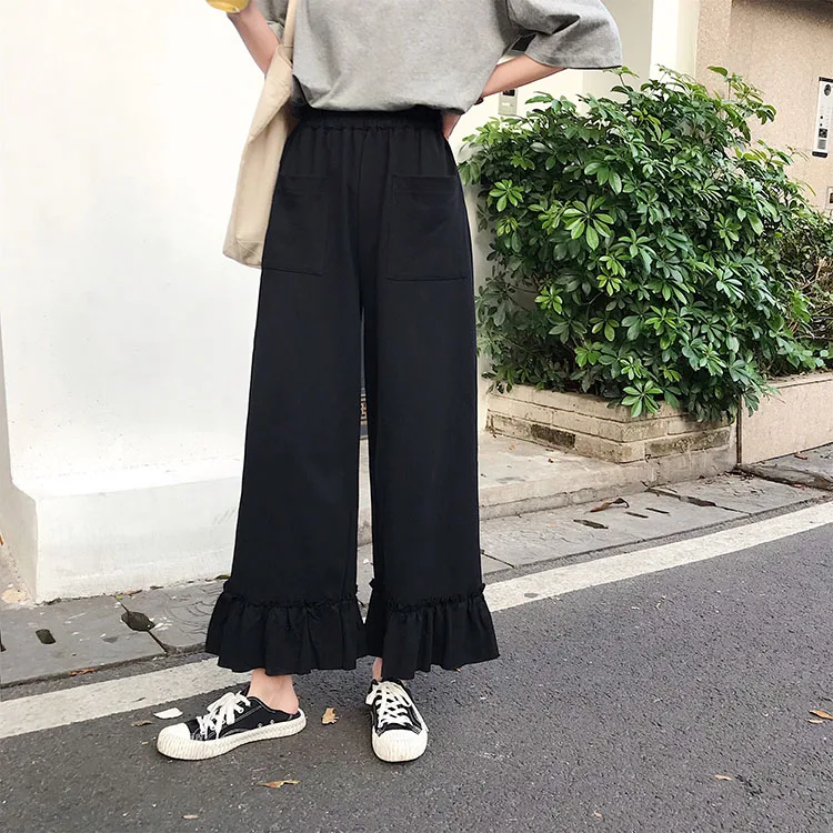 Pantalones mujer cintura alta эластичный пояс, карманы с оборками, однотонные плиссированные широкие брюки с высокой талией, брюки свободного покроя