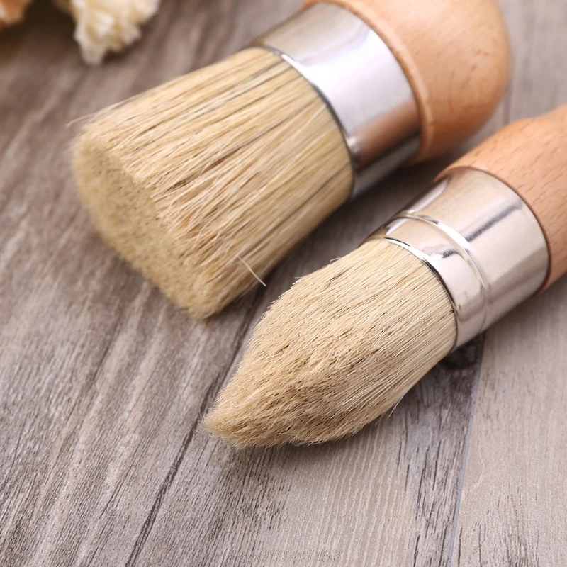 2Pcs/Set Round and Pointed Chalk Paint Wax Brush Ergonomic Handle Natural Bristle Brushes Furniture Paint A14 21