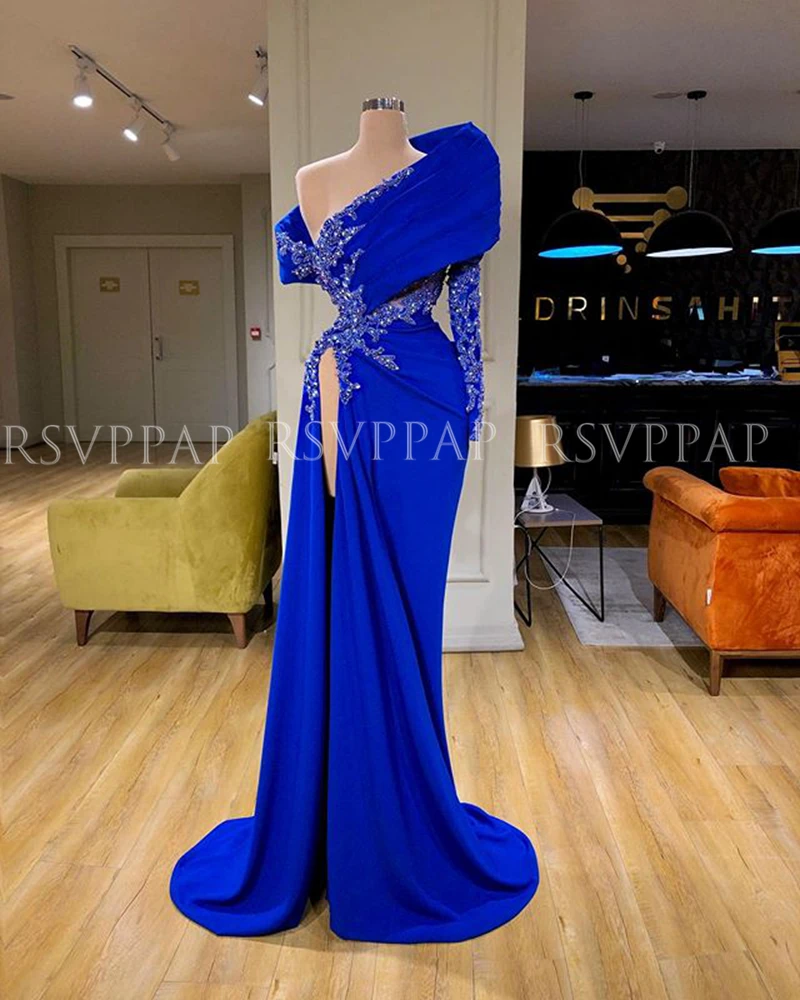 

Long Evening Dresses 2020 Sexy Mermaid Single Long Sleeves Sexy High Slit Beaded Arabic Royal Blue Women Formal Evening Gowns