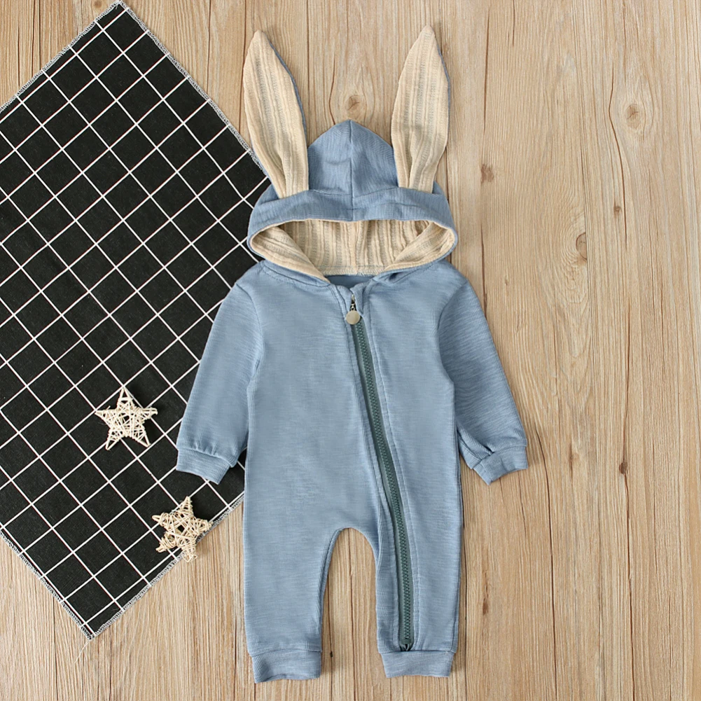 Милый Осенний комбинезон с кроличьими ушками для маленьких мальчиков и девочек, мягкий хлопковый спортивный костюм комбинезон, теплая одежда для детей от 0 до 24 месяцев