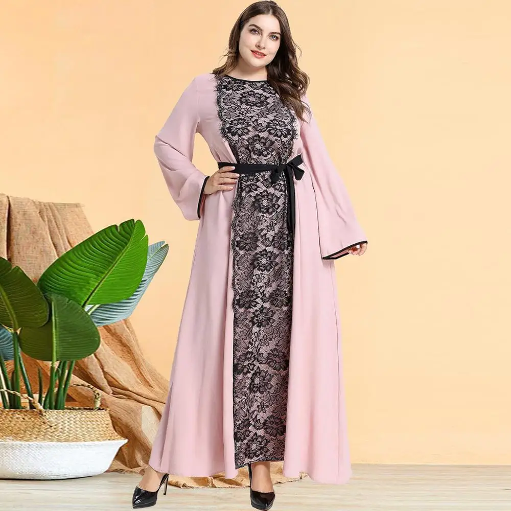 

Italian plus size dignified fashion spring and autumn women's lace stitching belt long-sleeved dress Muslim pink women's dress