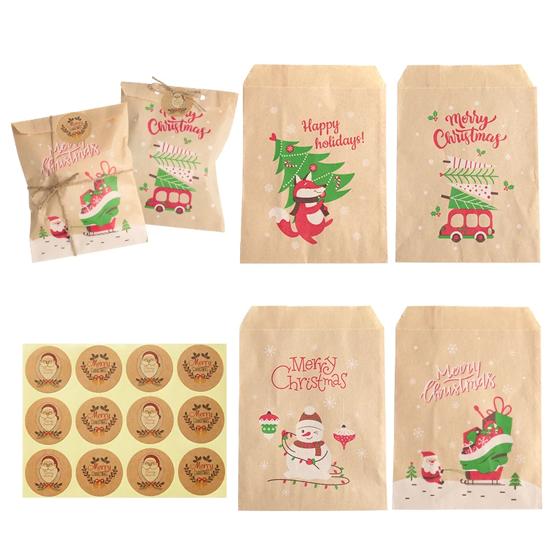 Bolsas de papel Kraft para Navidad, conjunto de 24 bolsas de regalo de Papá Noel, muñeco de nieve, zorro, para fiesta de Navidad, bolsa de galletas de caramelo, Insumos para envolver regalos - Imagen 2