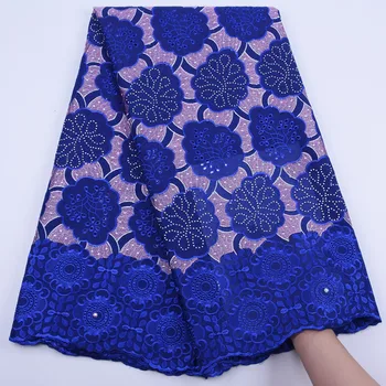 

Royal Blue Nigerian Swiss Cotton Lace Fabric High Quality African Swiss Voile Lace In Switzerland With Stones For Dress SewF1771