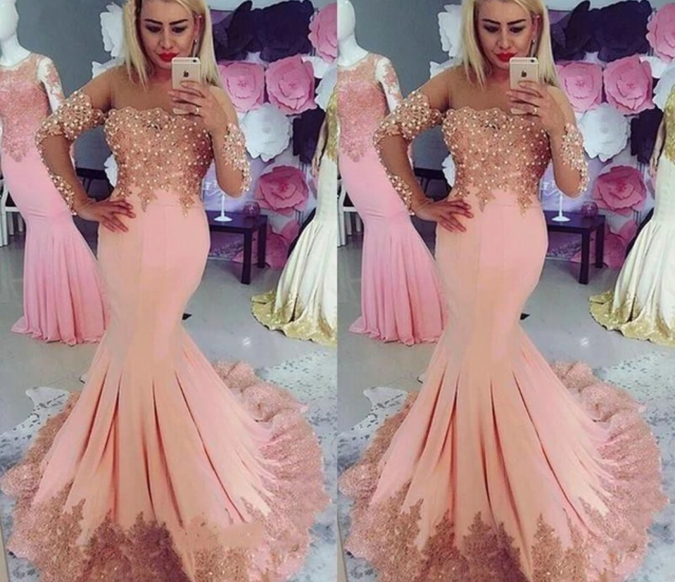 Vestido de festa Русалка Розовая атласная Кружевная аппликация Выпускные платья с открытыми плечами сексуальное с длинным рукавом бисером платье на выпускной с блестками