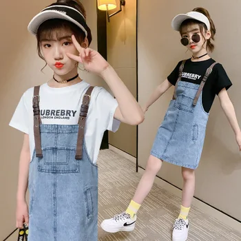 

5-11 year old girl suit summer new children's clothing in the big boy denim strappy dress short sleeve two-piece children