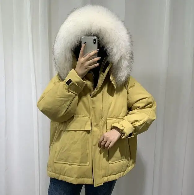 yellow-white fur Большой воротник из натурального меха енота, женская зимняя куртка, белый пуховик с капюшоном, женское плотное теплое пальто, плюс размер, пуховая парка - Цвет: yellow-white fur