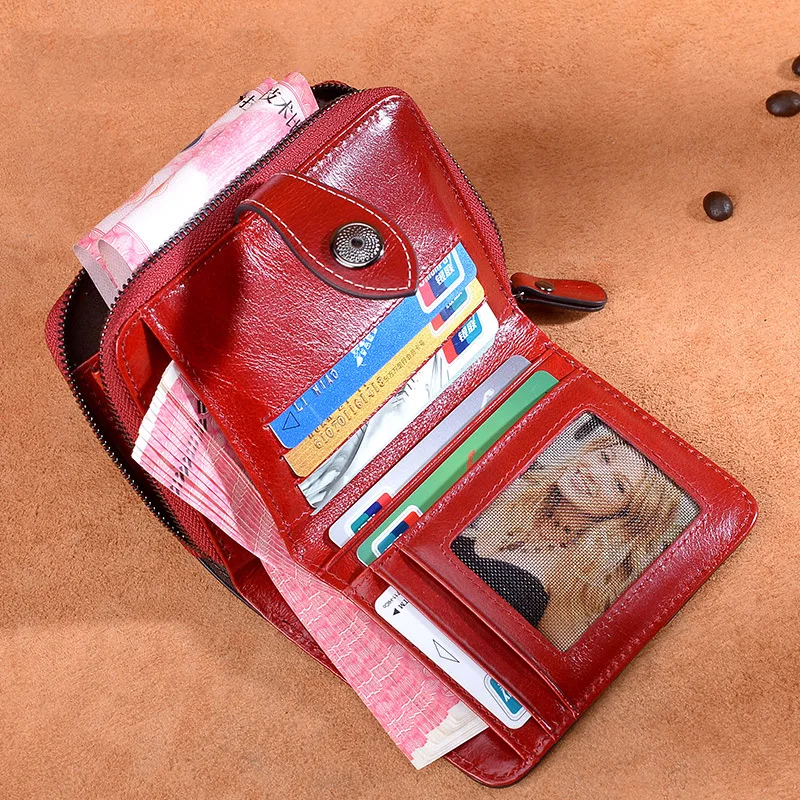 

New Style Genuine Leather Women's Short Wallet Two-fold Multi Card Bit Carrying Zipper Retro Oil Wax Wallet