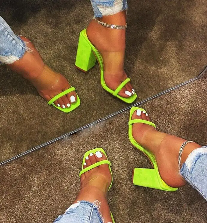 

Women PVC Square High Heels Slides Lady Peep Toe Slip-on Sandals Female Transparent Leather Solid Slippers Gilrs Dress Shoes