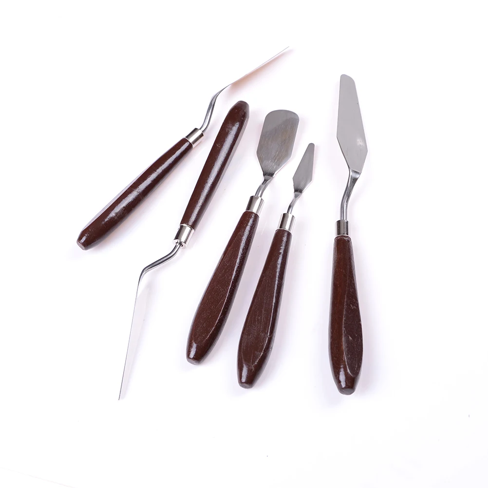 5Pcs Stainless Steel Mixed Palette Scraper Set Spatula Knives Wooden Handle Painting Knife Blade For Artist Oil Painting Tools