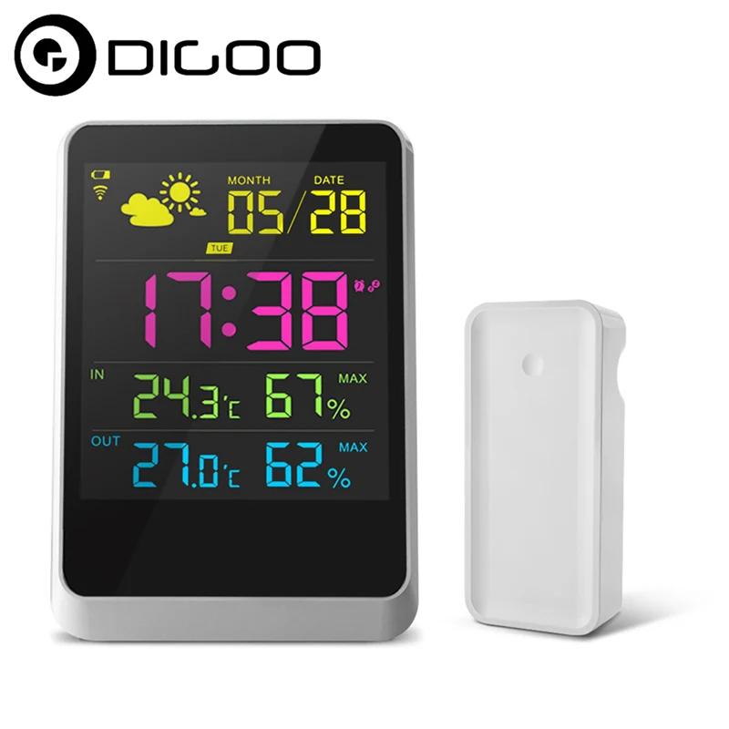 Pаспродажа DIGOO цветная цифровая метеостанция ЖК будильник Температура Влажность Forcast беспроводной датчик открытый закрытый термометр