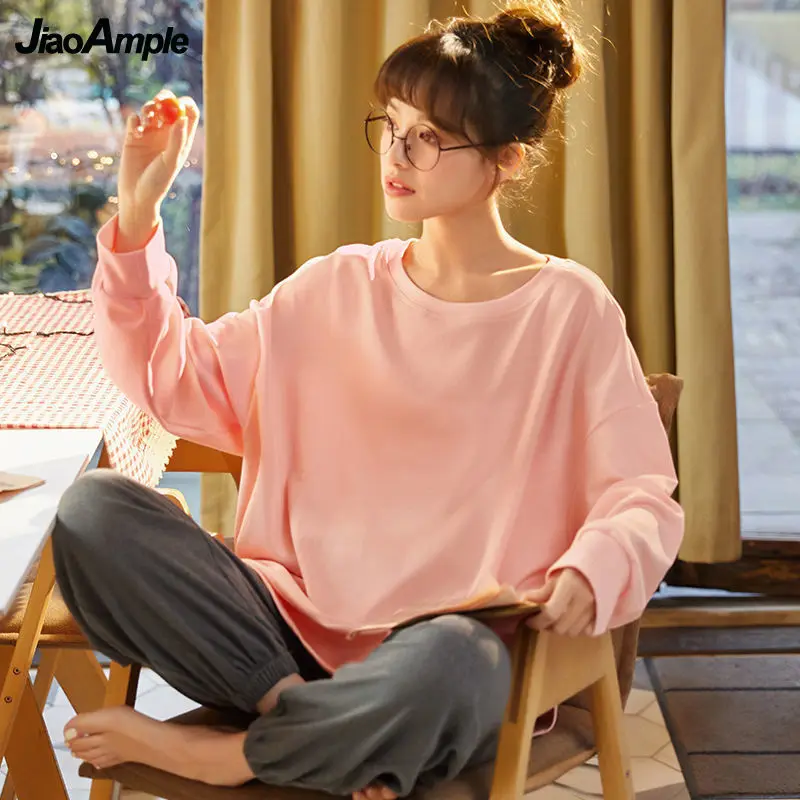 Women's Long-sleeved Trousers Pajamas Suit Autumn O-Neck Sleepwear Loose Pijamas Set 2021 New Simple Home Clothes Two-piece Set