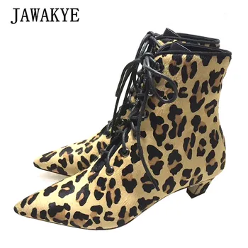 

Winter New Martin Boots Runway Shoes Women Pointed Toe Lace Up Leopard Black Short Boots Real Leather Kitten Heels Ankle Botas