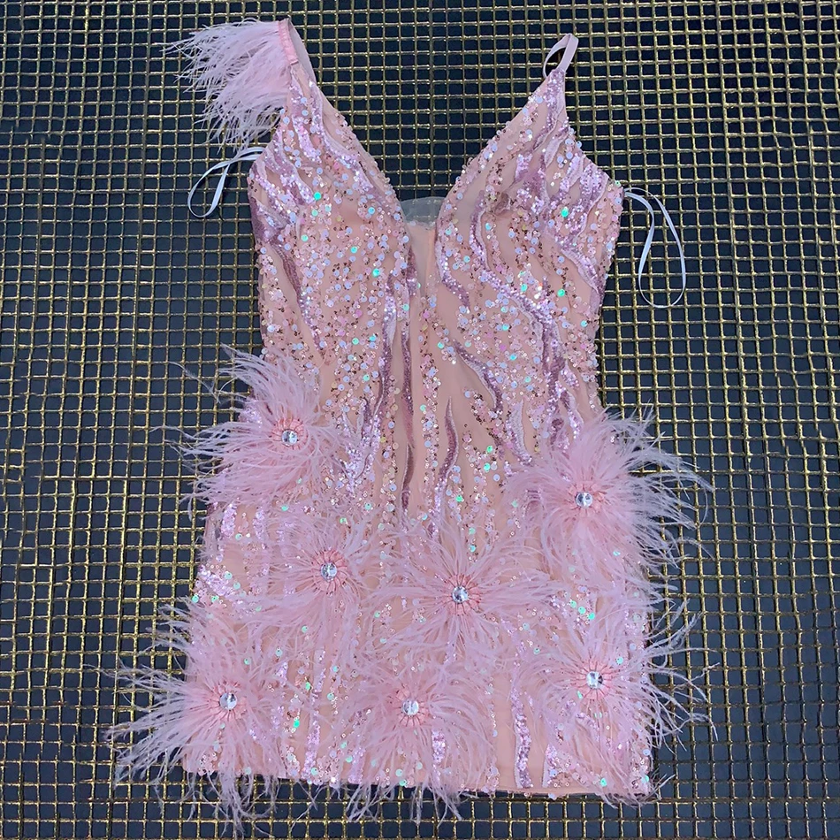 Big Promo 9Lxo3 Ailigou 2020 New Summer High Quality Pink Mini Sequin Feather V neck Fashion Skinny Dress Nightclub Party Skinny Dress