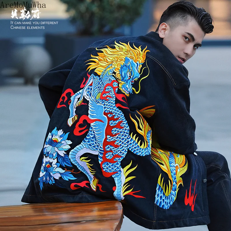 Kirin джинсовая вышитая хлопковая одежда длинная свободная зимняя рубашка куртка