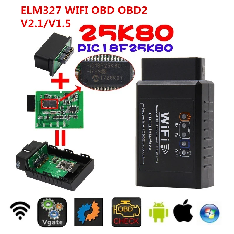 ELM327 WI-FI V1.5 PIC18F25K80 elm327 v1.5 obd2 сканер для iPhone ios elm 327 v1.5 на русском bluetooth v1.2 Бортовая Диагностика машины