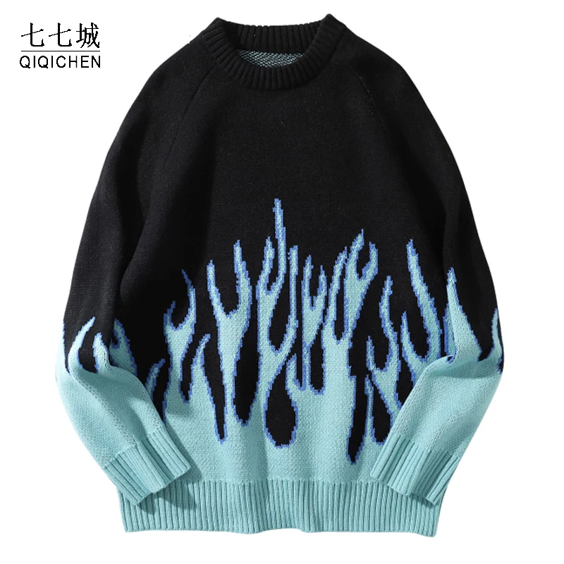 

Hip Hop Sweaters Men Fire Flame Knitted Pullover Streetwear Harajuku Sweater 2021 Fashion Casual Pullover Jumpers Tops Coats
