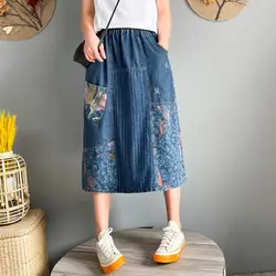 2021 New Retro Art Print Stitching Skirt Mid-Length Female High Waist Summer A-Line Denim Skirt Casual Loose Faldas Mujer zh1366
