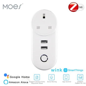 

UK ZigBee3.0 Dual USB Wireless Socket Plug SmartThings App Remote Control Echo Plus Voice Control Work with Alexa Google Home