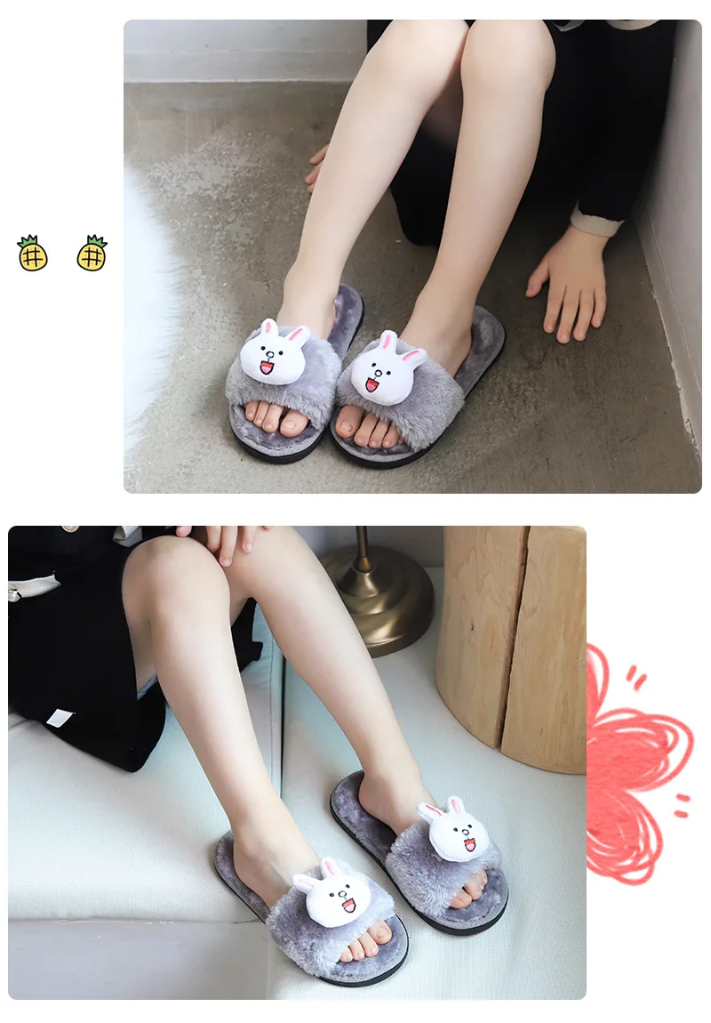 Children Fur Indoor Slippers Shoes Kids Winter Girls Cartoon Rabbit Home Slippers Baby Non-Slip Cartoon Cute Plush Warm Shoes