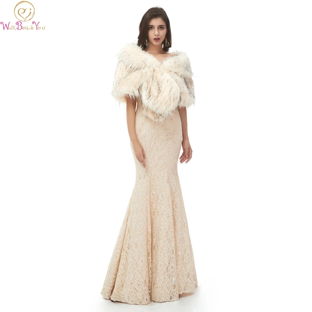 Шали цвета шампанского с мехом для торжественных свадебных торжеств вечерних