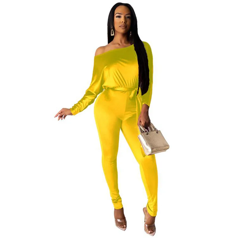 

2020 Velvet Stretch Diagonal Collar Off-the-shoulder Bat Sleeve Solid Color Bodycon Casual Long Sleeve Women's One-piece Pants