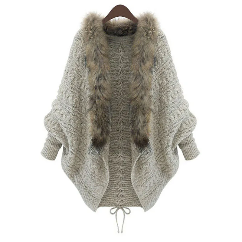 Женский кардиган, свитер с меховым шерстяным воротником и длинным рукавом, вязаная верхняя одежда, зимний плотный теплый повседневный свободный свитер, Топ# BL35