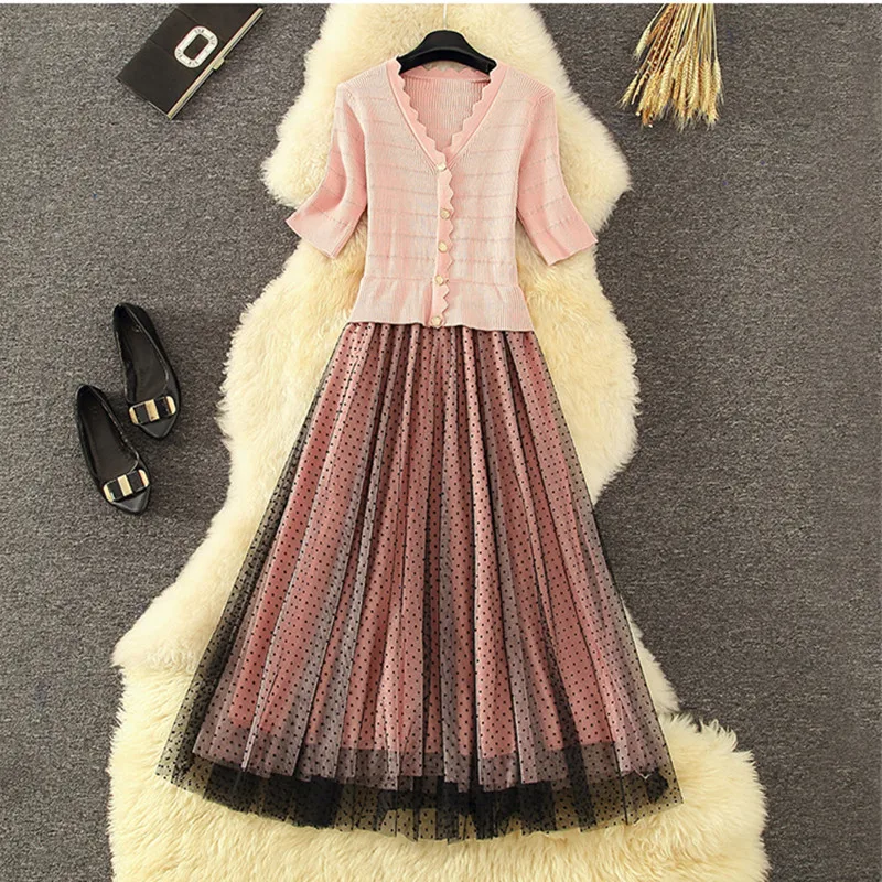 

Elegant Mesh Dot Print V-neck Knitting A-line Bodycon Long Midi Formal Prom Party Dress Slim Autumn Spring 2020 High street