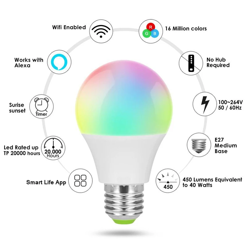 

E27 Smart bulb Alexa voice control 5-way smart RGBCW bulb WiFi Bluetooth RGB LED Bulb Smart Home Automation Modules