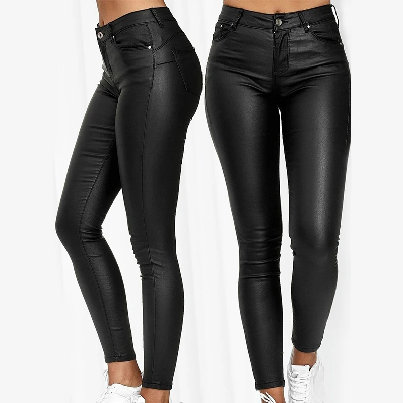 Primavera de las mujeres de cuero de la PU Pantalones negro Sexy ceñido traje elástico Pantalones mujer alta cintura pantalones pitillo Casual de talla grande S-3XL