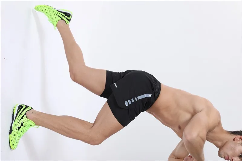 Шорты для бега, шорты для фитнеса, быстросохнущие эластичные шорты, спортивные штаны, имитация двух частей, с карманом на молнии